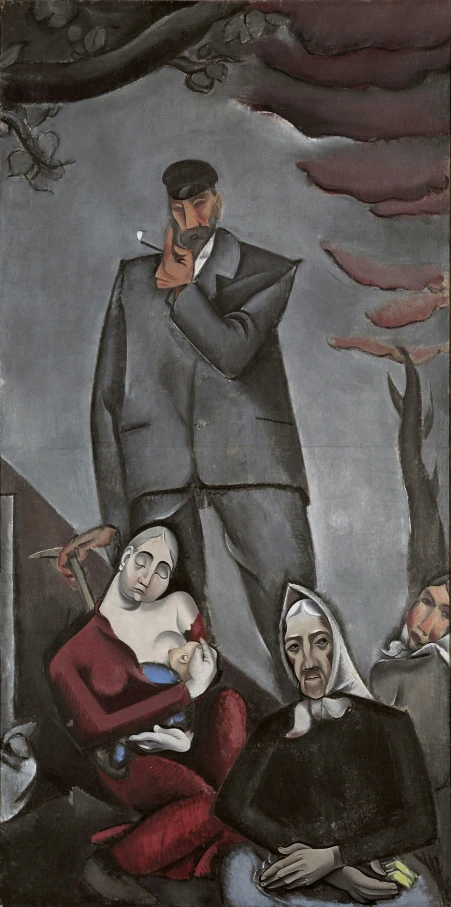 an illustration shows a man standing over another man holding a baby in a chair with other people watching him