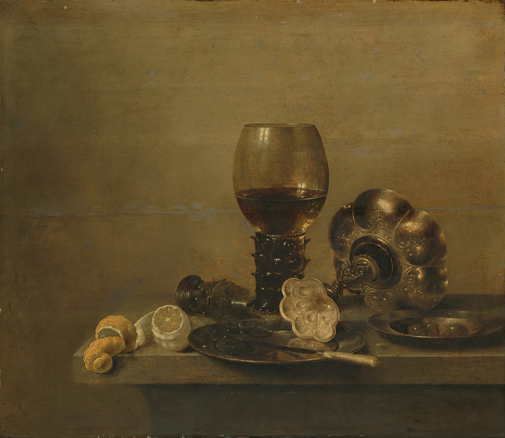 a painting with a glass and shells on the plate