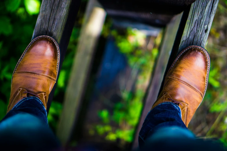 a view from above a person's feet, wearing boots
