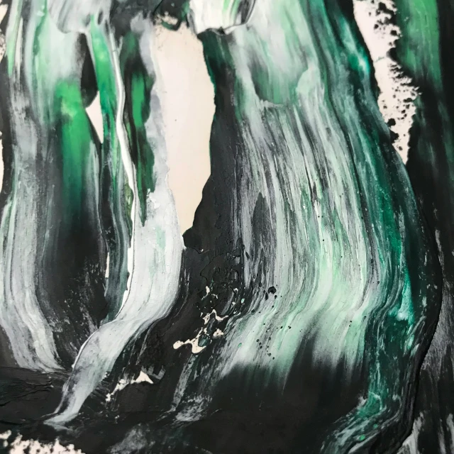 painting depicting green and white waves flowing over white ground
