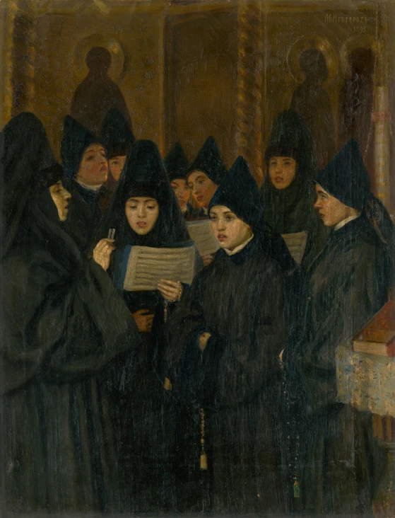 a painting that shows a group of people holding a book