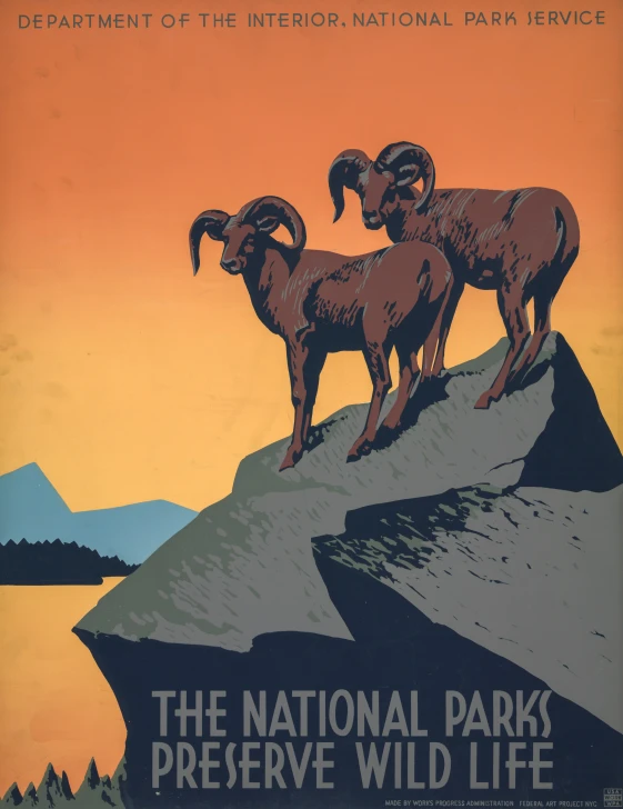 this is a vintage poster showing two rams on top of a mountain