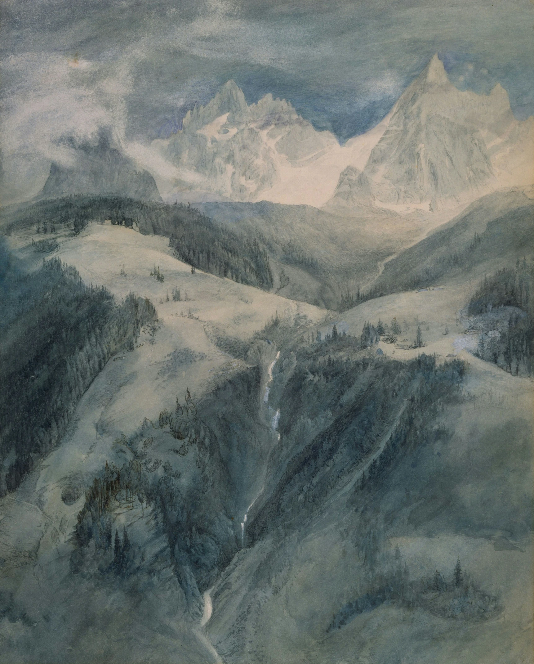 a painting of mountains and a river next to a mountain