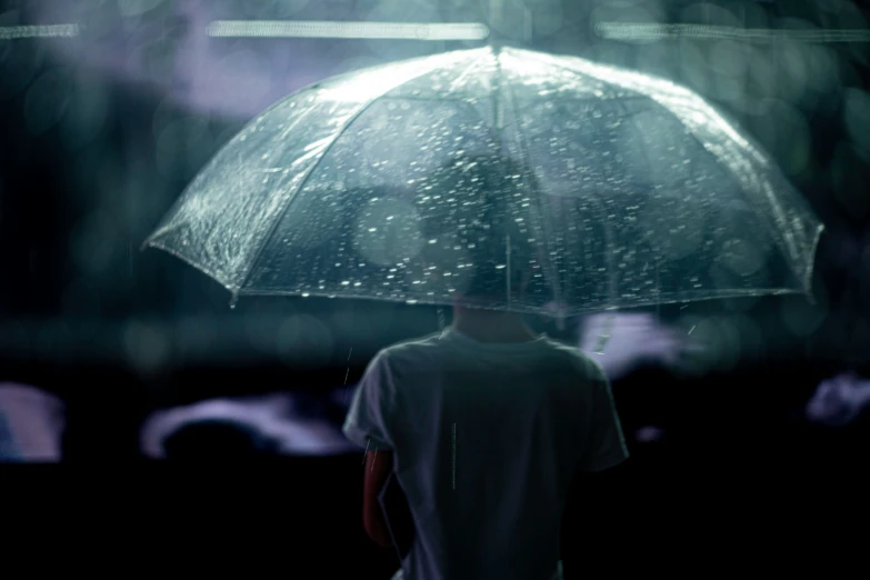 a man holding a clear umbrella under the rain