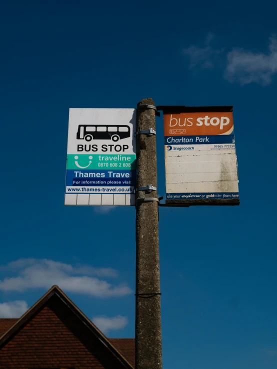 a telephone pole with signs on it against a blue sky