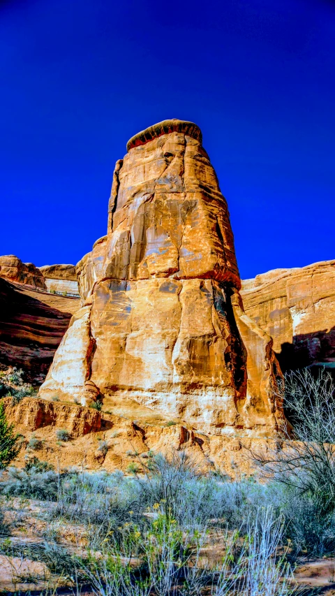 a big rock formation with some green plants growing