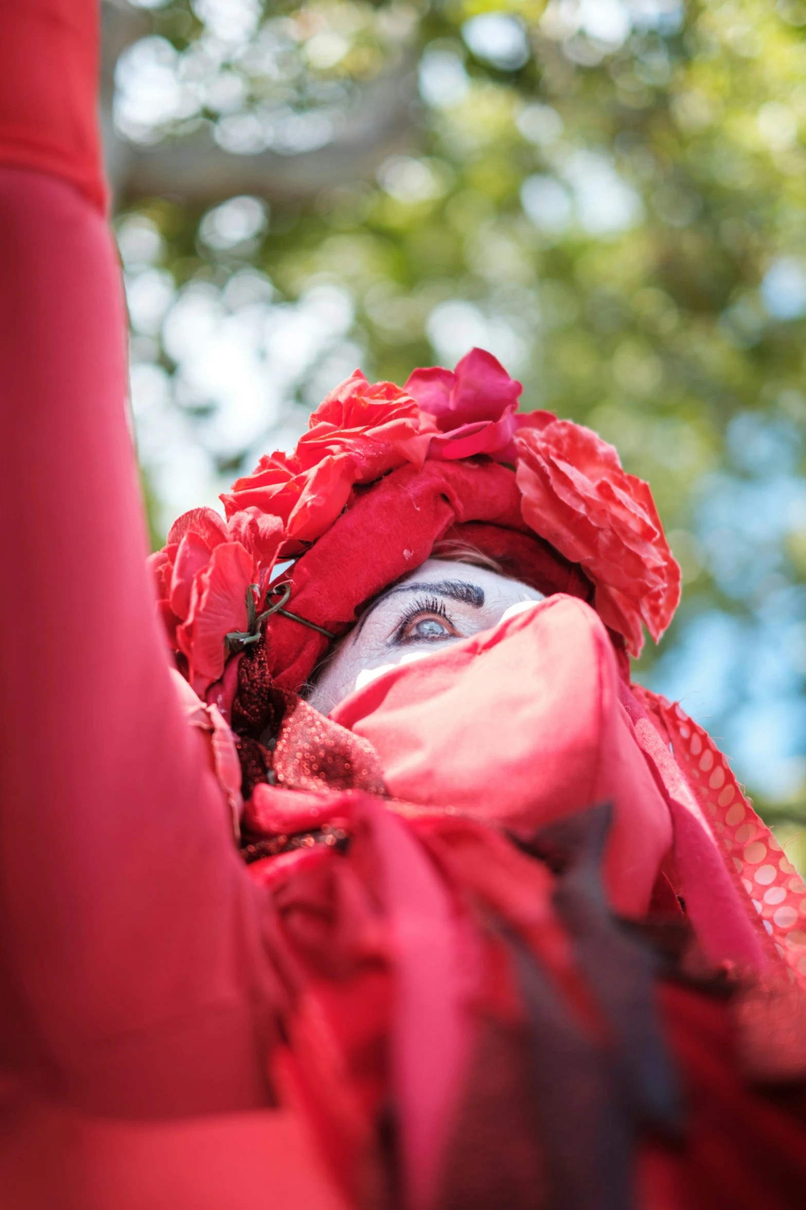 a lady is dressed up for a show, it looks to be an elaborate costume