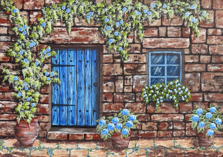 a painting of a brick building with flowers in the foreground and a blue door