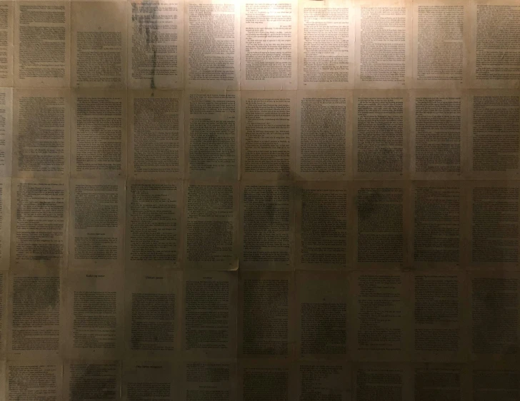 large newspaper article sitting on a wall with white light coming from above