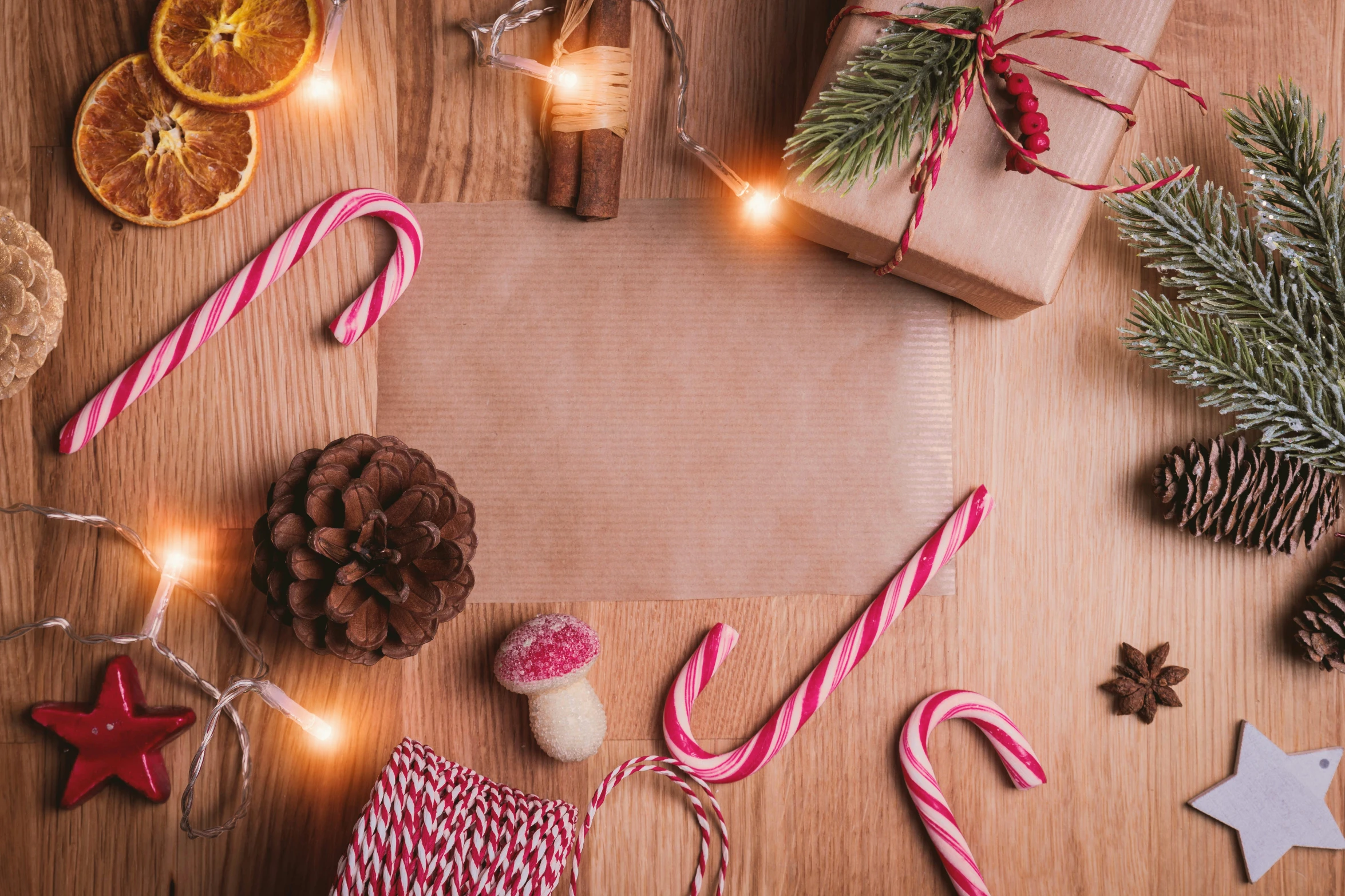 an arrangement of christmas decorations on a table