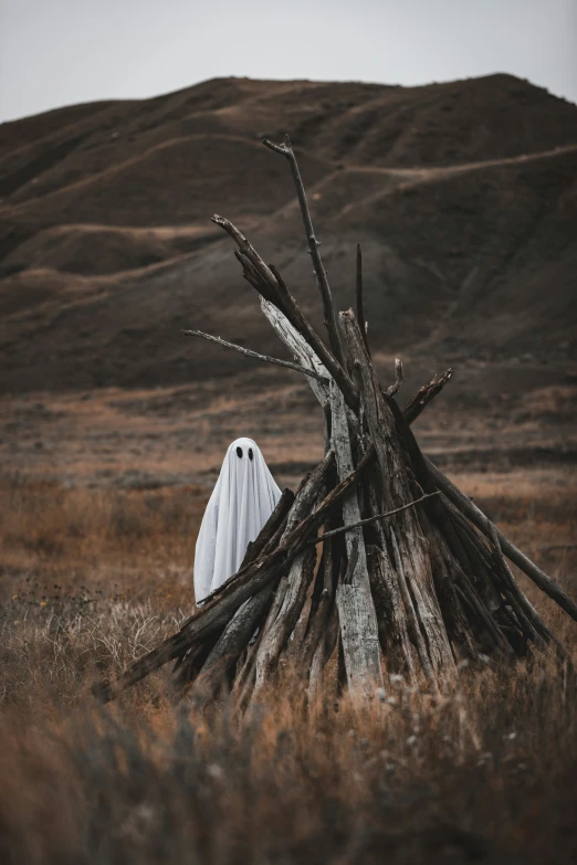 a large, old wooden teepee with a ghost standing in the middle of it