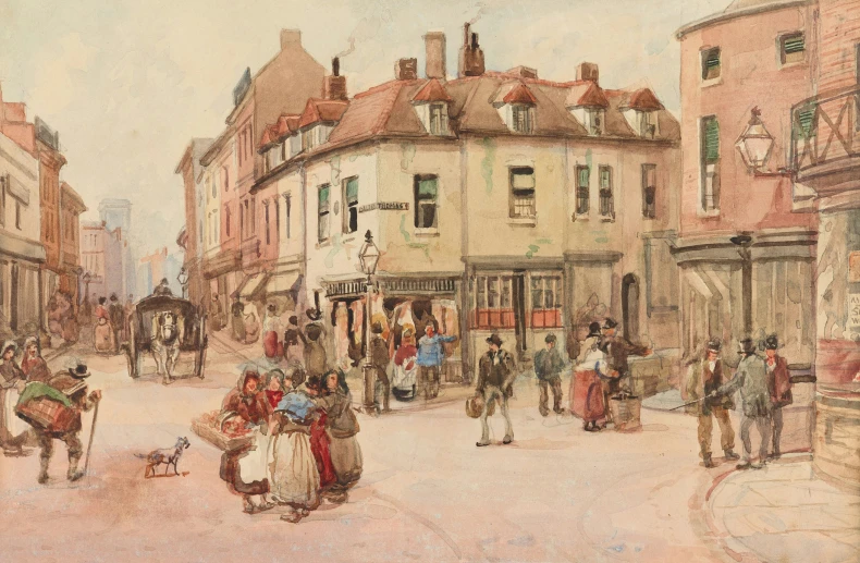 an impression painting of a european town street with people and horse drawn carriages