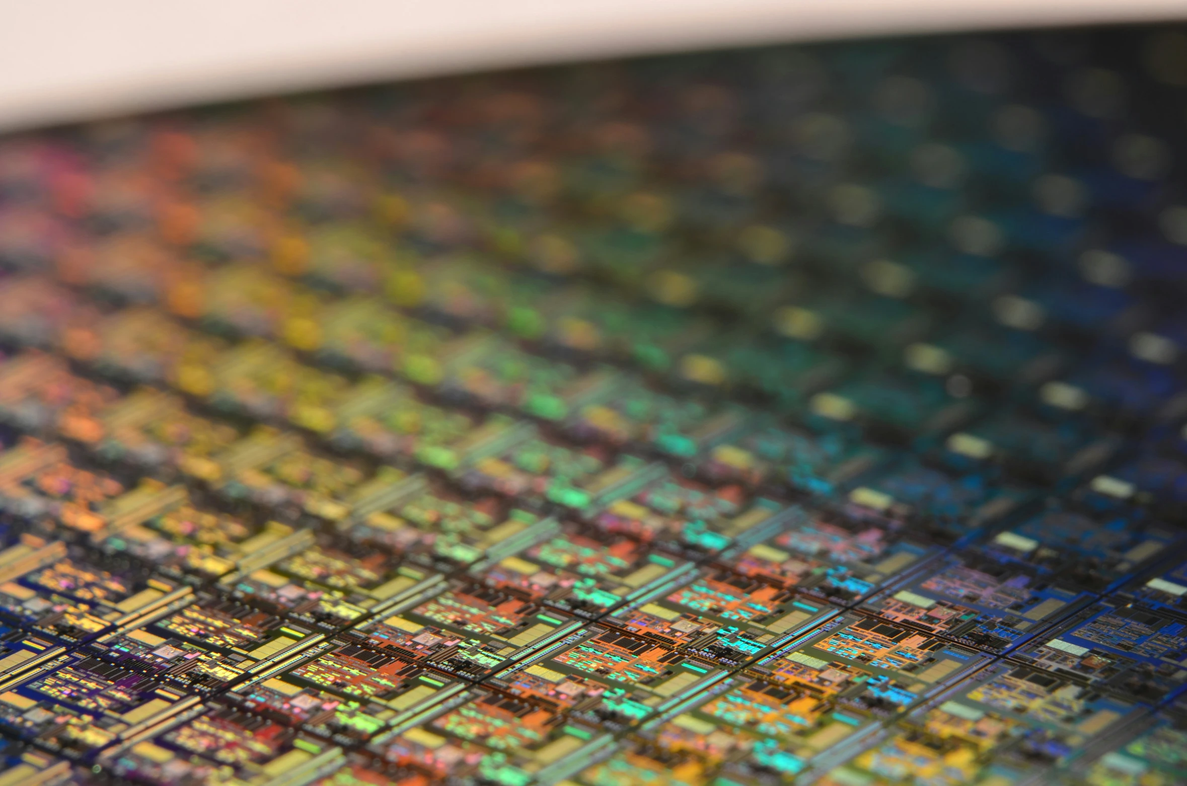 close up view of the multicolored structure of a computer processor