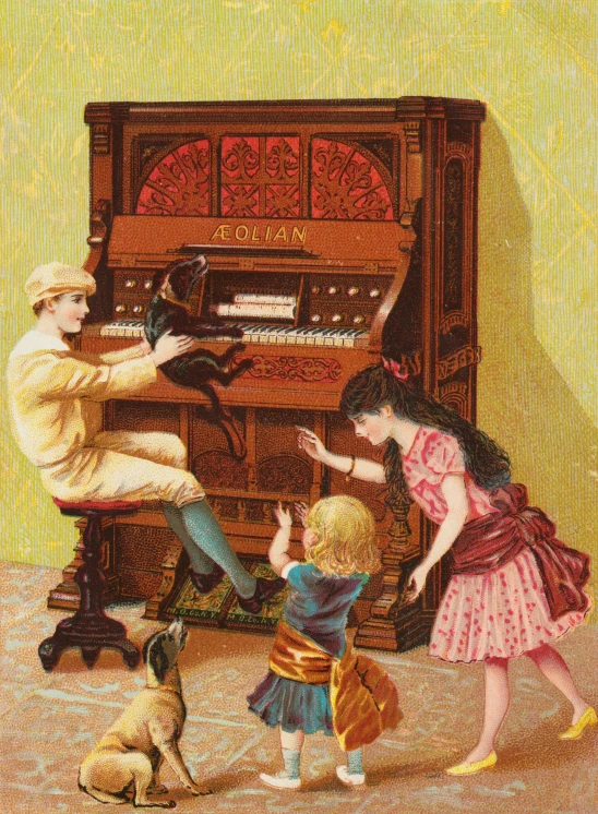 a drawing of three children and an adult are playing the piano