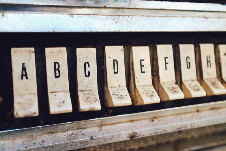letters arranged on old piano keys that read abc, cd, before f