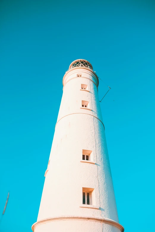 the top of a white lighthouse against a blue sky