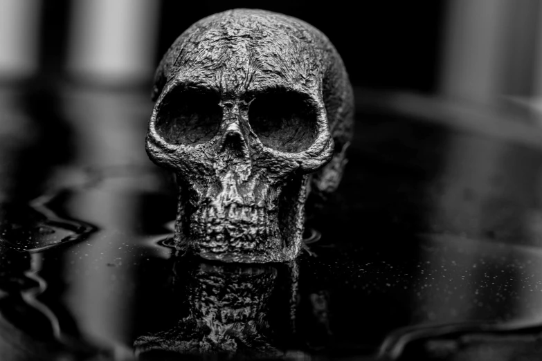 a small black skull on a glass table