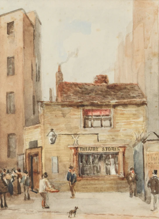 an oil painting of people walking on a street corner