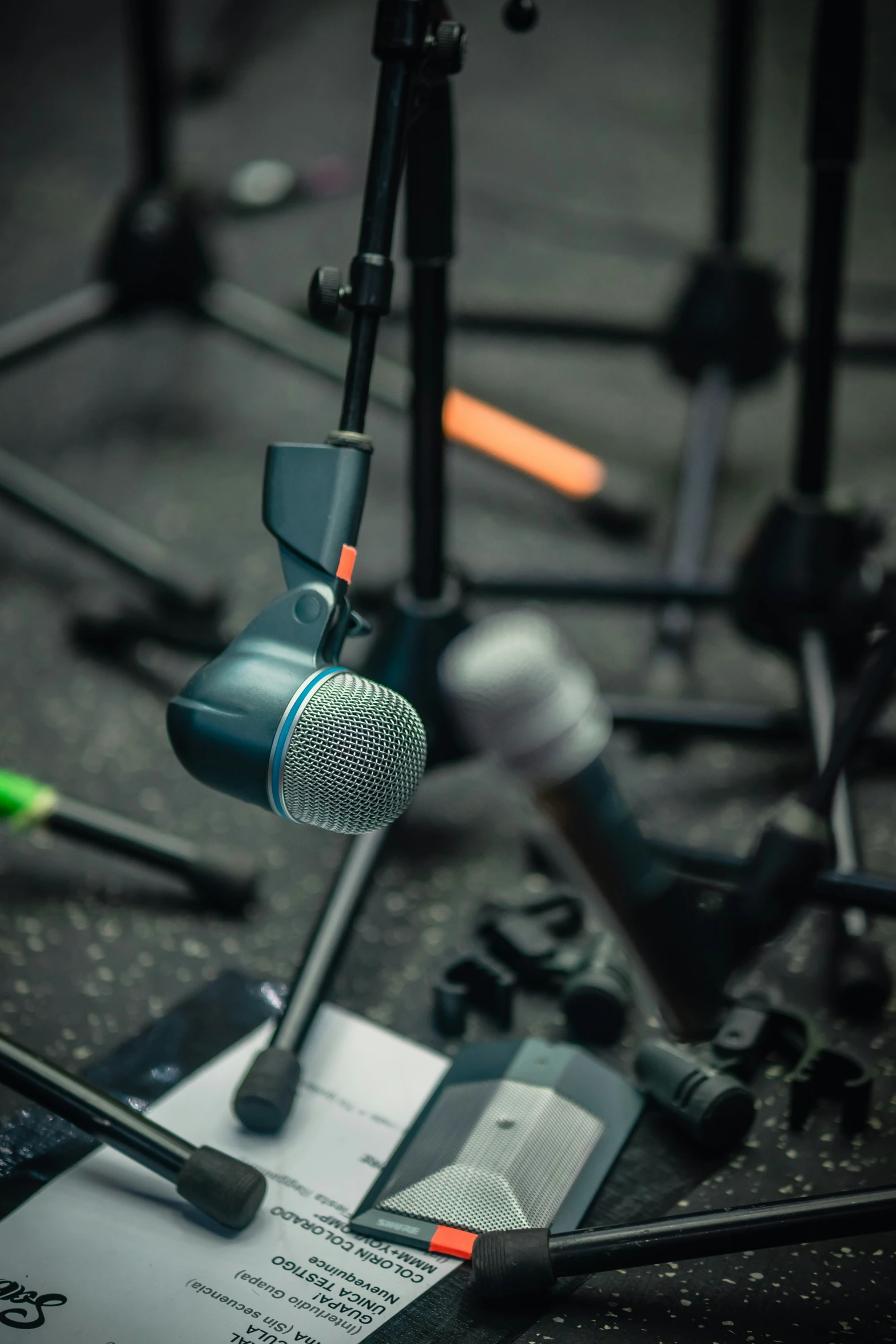 a microphone hanging over a recording equipment