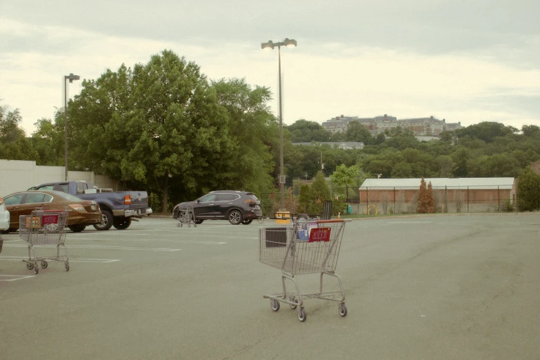 a shopping cart in an empty parking lot