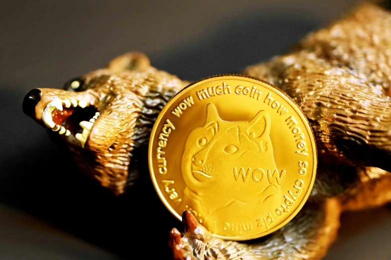 a close up of a gold coin with a stuffed bear on the back