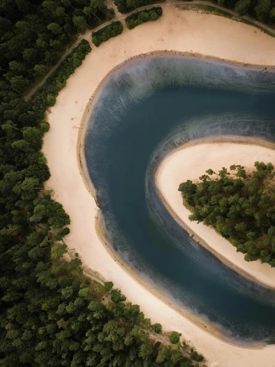 an aerial view of the blue waters and sand in a forested area