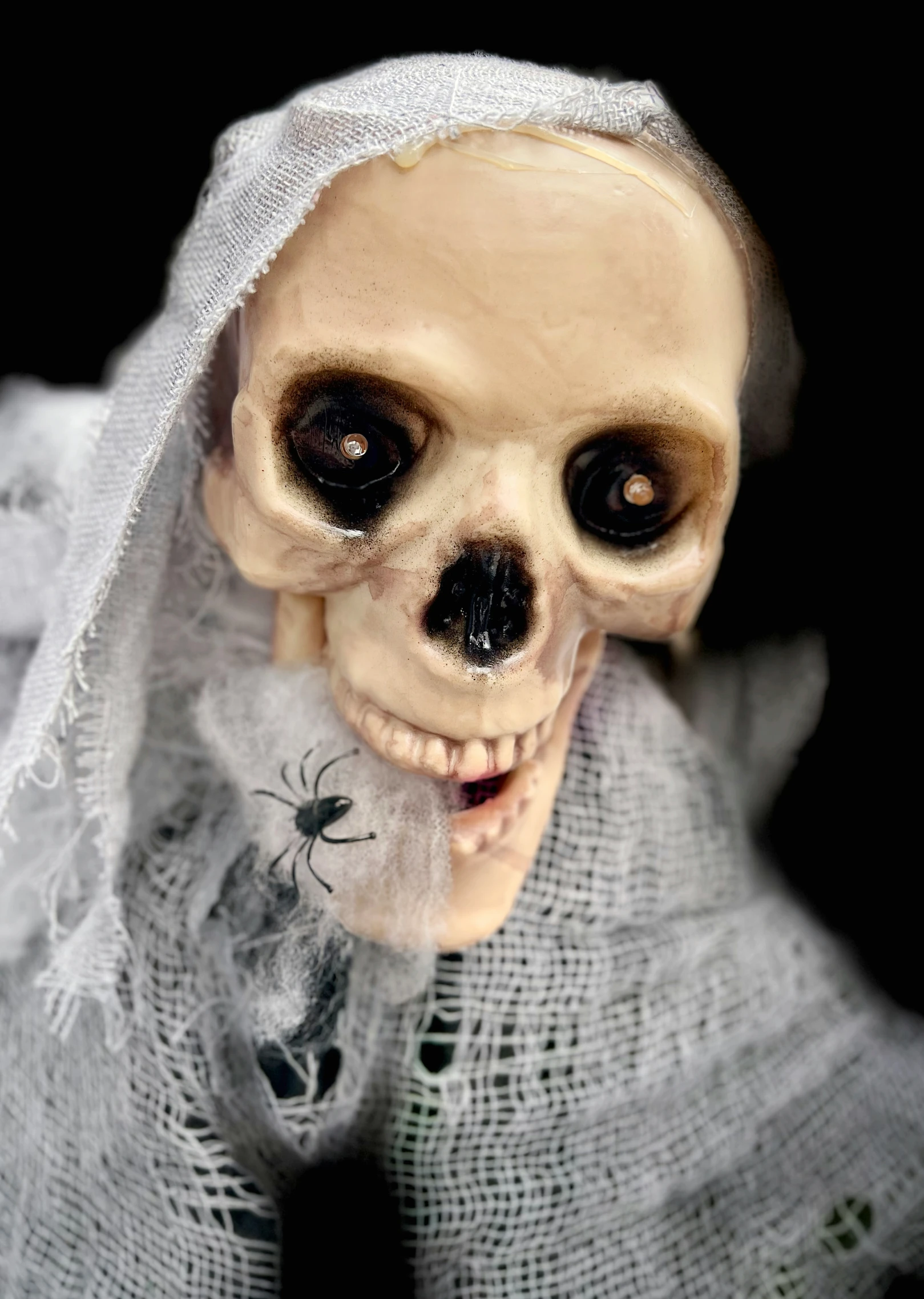 a creepy skeleton in a bride's white dress