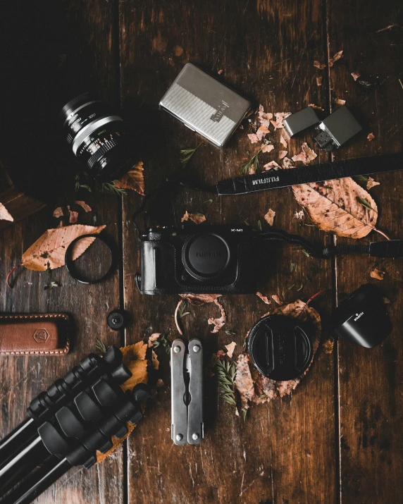 a camera with other items lying around on a wooden table