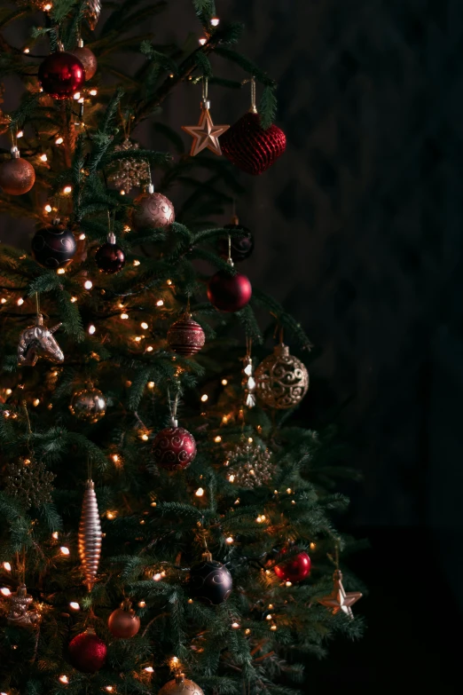 a decorated christmas tree in a dark room