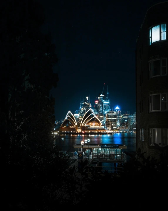 some lights are on the buildings and a bridge