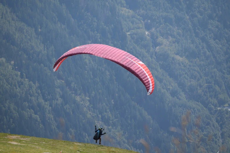 a person flies a large parachute above a grassy area