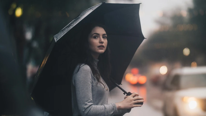 a woman holding an umbrella with rainy clothing