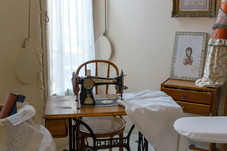 a sewing machine and table in an old home