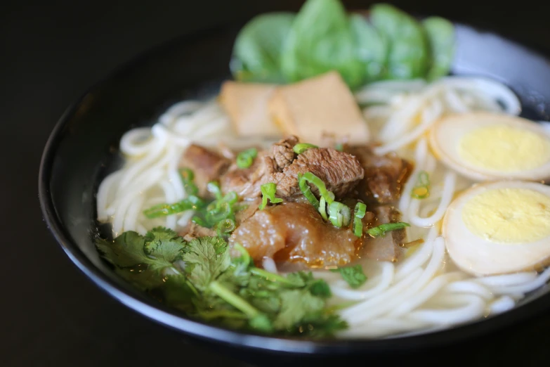 an image of a bowl of noodles with meat and greens