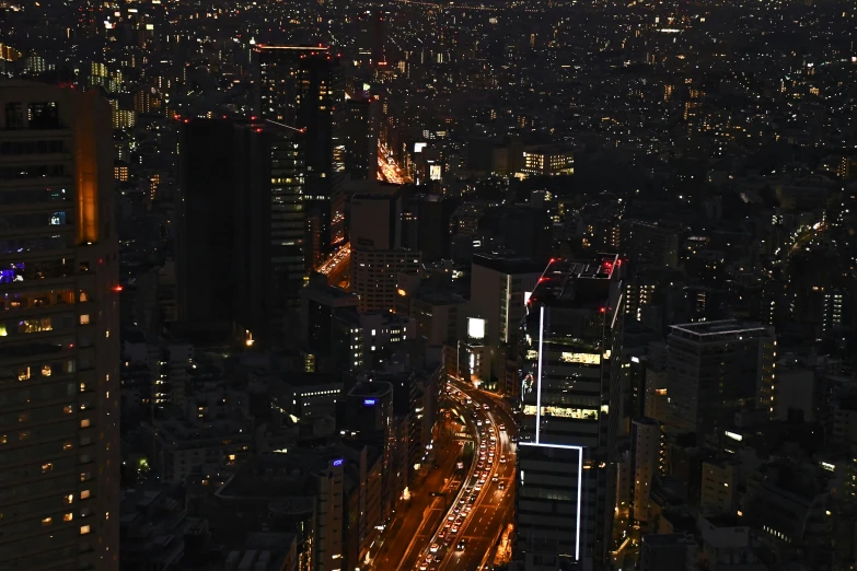 aerial view of city skyline at night time