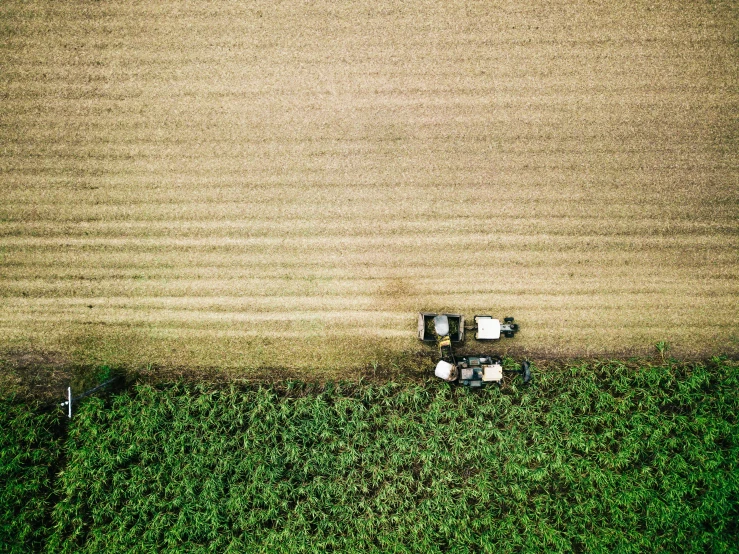 two trucks sitting next to each other in a green field