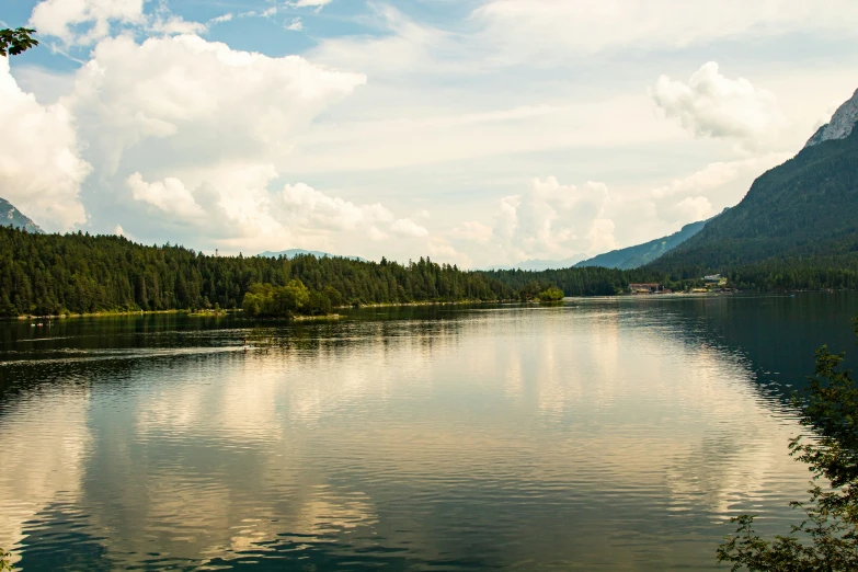 calm waters surround a forested mountain and forest area