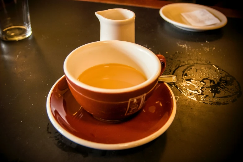 a brown saucer with a cup of tea next to it