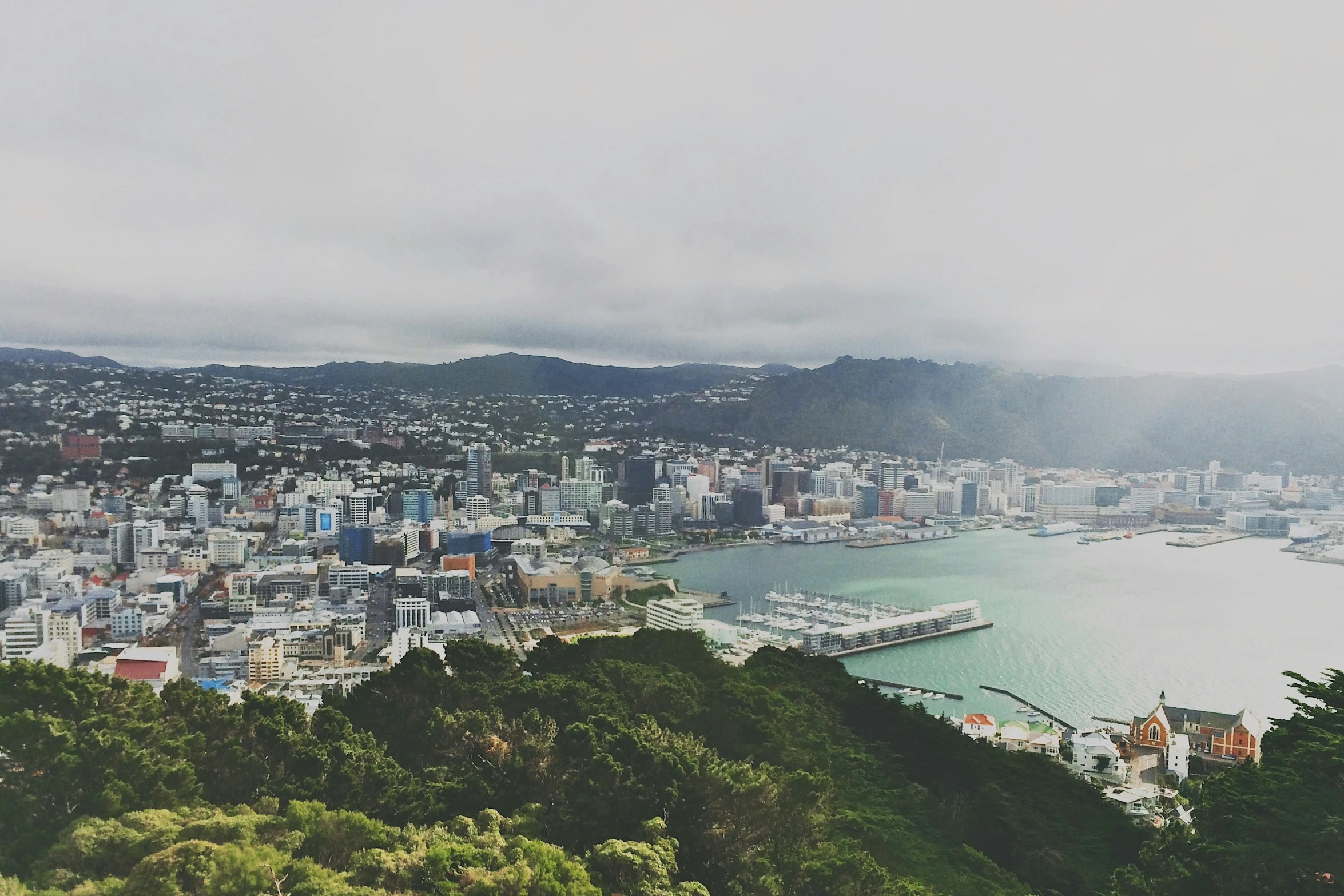 a panoramic view of a cityscape with mountains in the background