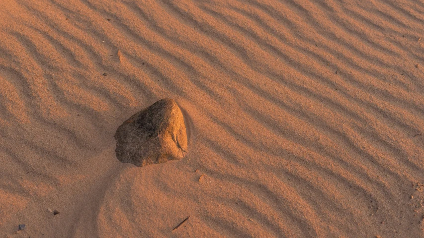 a rock sitting on top of a sandy beach