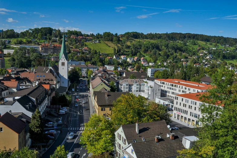 a village is shown with many houses and green hills in the background