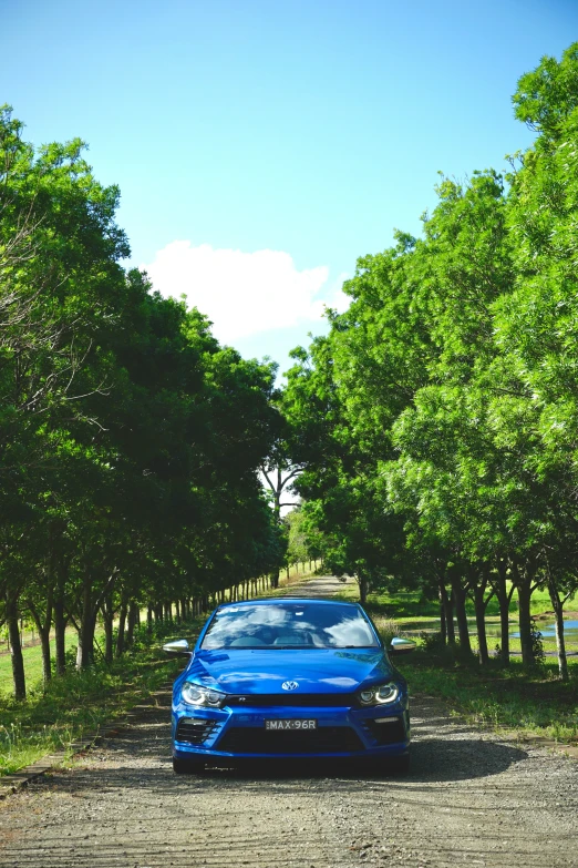 a blue car sitting in front of trees on a dirt road