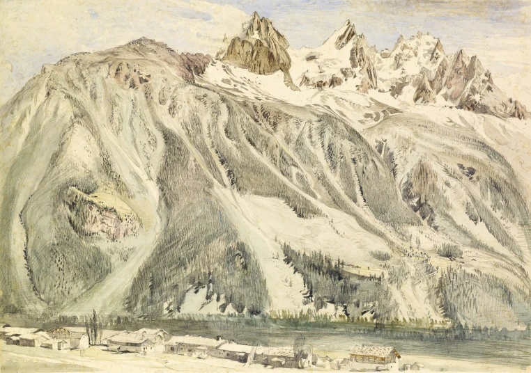 a vintage painting of mountains in winter with snow