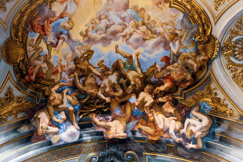 this large painting depicts many different people on the ceiling