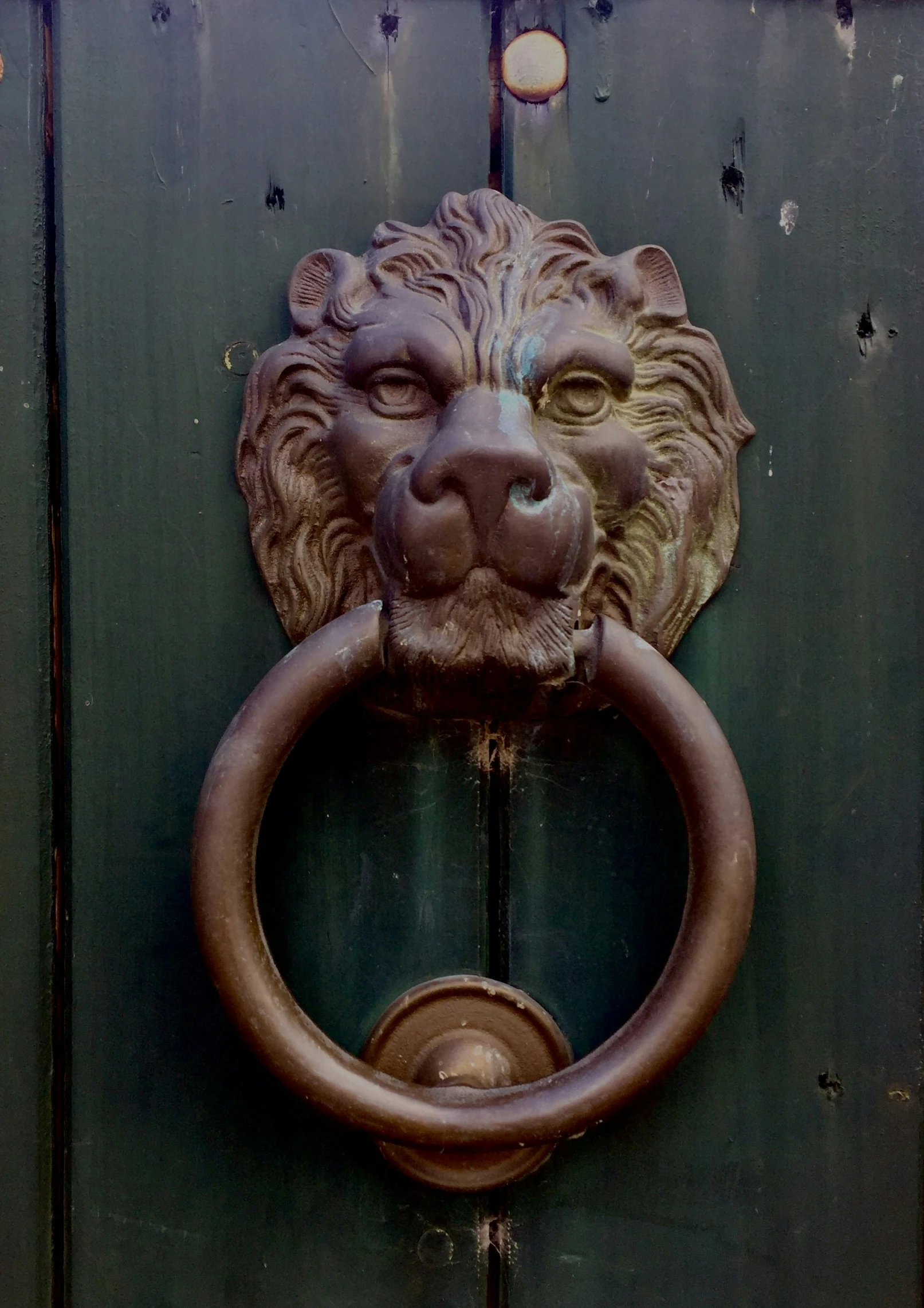 a green door with a rusted handle and a lion's head