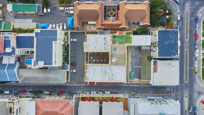 an aerial view of several rooftops in a city