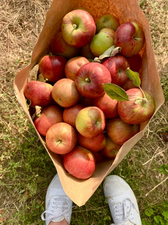 someones feet in white shoes and holding a bag of apples