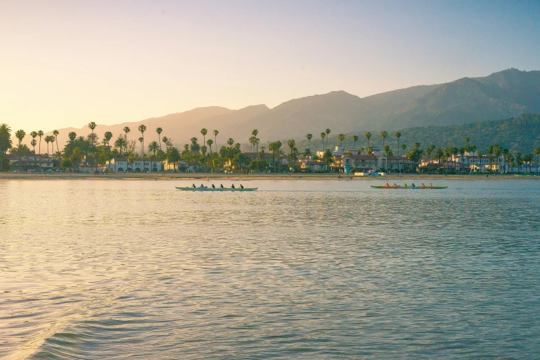 a group of people rowing on a lake