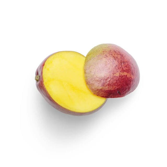 a yellow and red apple with a side cut out