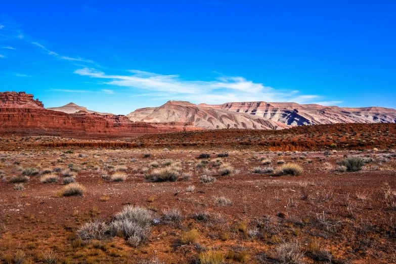 mountains and desert with shrubs around them, under a blue sky